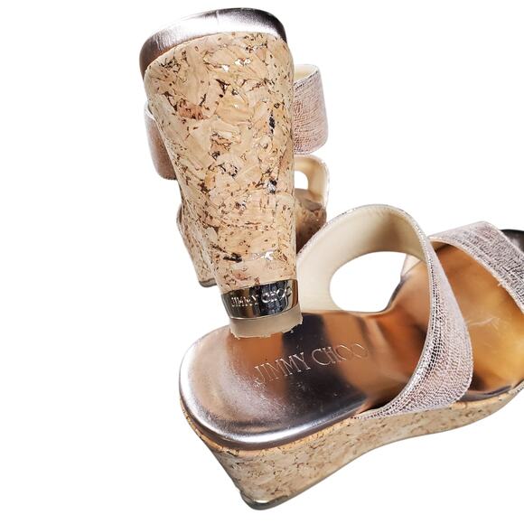 Jimmy Choo Metallic Beige Python Print Suede Parker Cork Wedge Sandals Size 37.5 - Picture 4 of 7